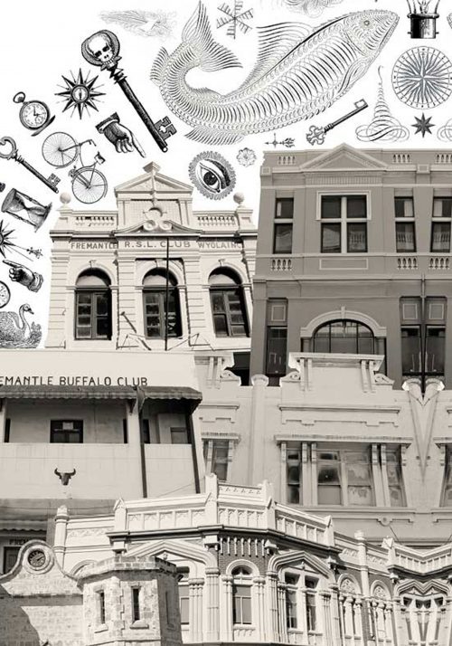 "Come on Down" by Sioux Tempestt, digital montage from her Chronicle series, celebrates the heritage architecture of Perth and it's suburbs.